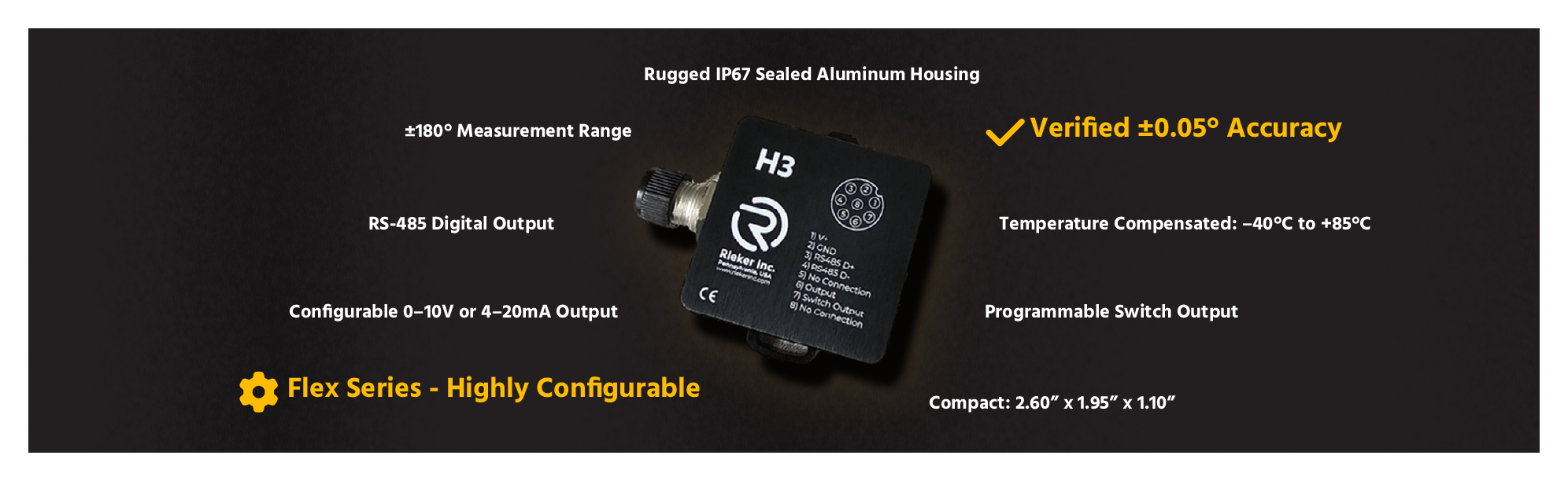 Callout diagram of H3 Flex Series Inclinometer showing RS-485 output, analog options, ±180° range, and rugged housing