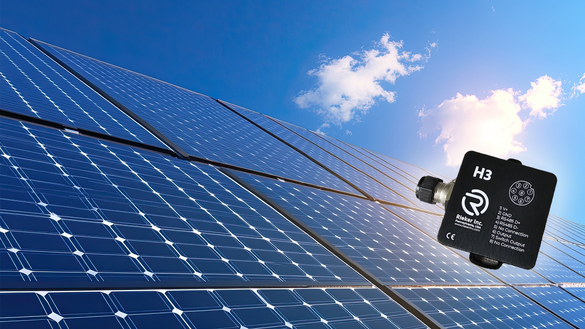 H3 Inclinometer positioned with solar panel array, illustrating renewable energy tilt sensing application