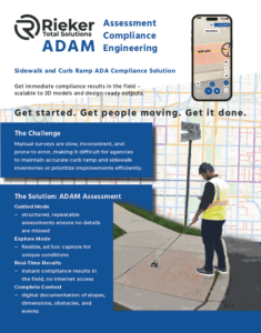 ADAM Assessment brochure page showing the Rieker Total Solutions logo, a mobile app screenshot measuring curb ramp distance, and a field technician using the ADAM tool to assess sidewalk ADA compliance.