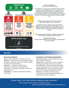 ADAM ACE brochure page showing the Assessment, Compliance, and Engineering modules, the ADAM Portal features, the ADAM Mobile App, and benefits such as audit-grade 3D models and engineering-ready point clouds.