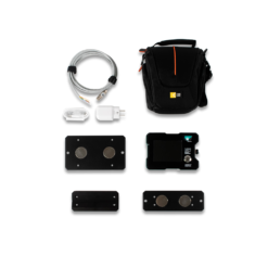 Image of MPI and the contents of its kit including: MPI unit, Charging Cable, Output Cable, Carrying Case, and three Mounting Brackets.