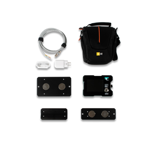 Image of MPI and the contents of its kit including: MPI unit, Charging Cable, Output Cable, Carrying Case, and three Mounting Brackets.