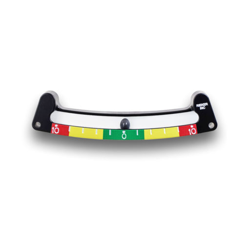 The 1017SPL3-3/8/10 customizable mechanical inclinometer is a ±10 degree unit with 2 degree increments. Green color warning zone set at 3 degrees, yellow from 3 degrees to 8 degrees, and red from 8 degrees to 10 degrees.