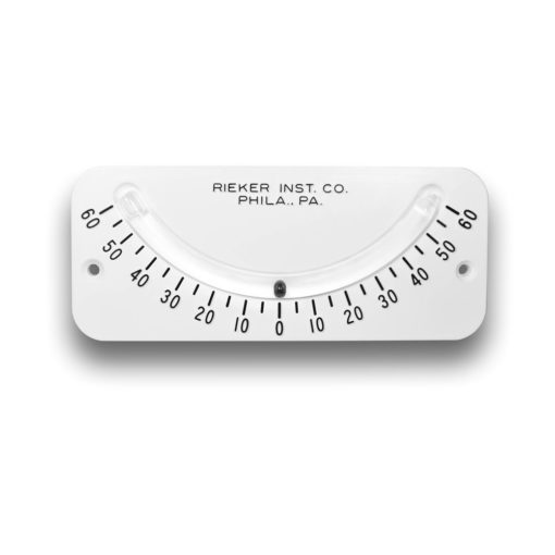 The 2055 Mechanical Inclinometer is a ±60 degrees unit with 5 degree increments. White background with black markings and a black ball.