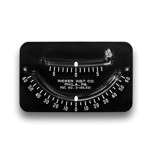 The 2056E Mechanical Inclinometer is a dual scale inclinometer. The top scale is ±6 degrees with 1 degree increments. The bottom scale is ±60 degrees with 5 degree increments. Black background with white markings and a white ball.