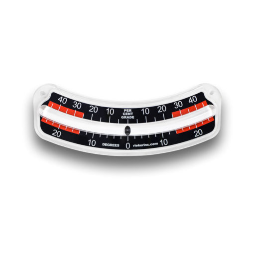 The 2064EGMSPL-A mechanical gradiometer and inclinometer is a dual scale unit. with color warning zones. The upper scale is ± 45 Percent Grade with 5 percent increments. The lower scale is ±26 Degrees with 2 degree increments. The color warning zones span on both sides of the unit from 25 to 45 percent and 14 to 26 degrees respectively.