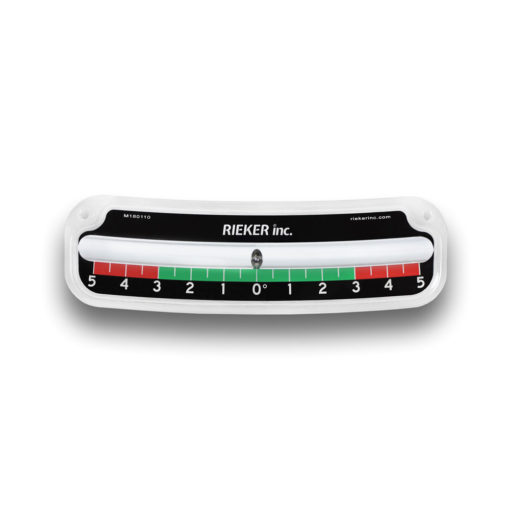 The 2105-A Rugged Mechanical Inclinometer. ±5 degrees with 0.5 degree increments. Black background with white markings. Green color zone between the 3 degree marks. Red color zone from 3 degrees to 5 degrees.