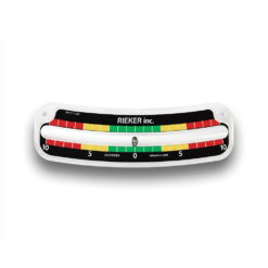 The 2110-D Customized Mechanical Inclinometer. ±10 degrees with 1 degree increments. Black background with white markings. Green color zone between the 3 degree marks. Yellow color zone from the 3 degree mark to the 6 degree mark. Red color zone from the 6 degree mark to the 10 degree mark.