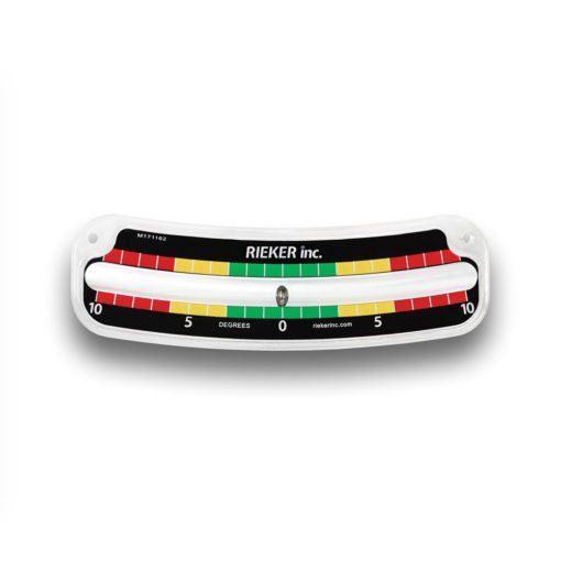 The 2110-D Customized Mechanical Inclinometer. ±10 degrees with 1 degree increments. Black background with white markings. Green color zone between the 3 degree marks. Yellow color zone from the 3 degree mark to the 6 degree mark. Red color zone from the 6 degree mark to the 10 degree mark.