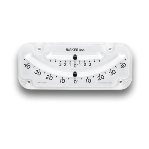 The 2145-05-B Mechanical Inclinometer is a dual scale inclinometer. The top scale is ±5 degrees with 1 degree increments. The bottom scale is ±45 degrees with 5 degree increments. White background with black markings.