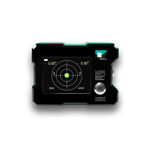 The MPI Touch Screen Multi-Output Precision Inclinometer displayed from the front with the screen turned on. The screen displays the MPI functionality as a highly accurate precision digital bulls-eye bubble level.