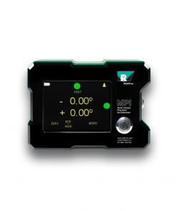 The MPI Touch Screen Multi-Output Precision Inclinometer displayed from the front with the unit turned on. The display shows the dual-axis readout alongside the colored LED level indicators.